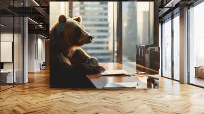 An executive grizzly bear in a well-appointed office, looking thoughtfully out a large window while contemplating business strategies. , natural light, soft shadows, with copy spac Wall mural