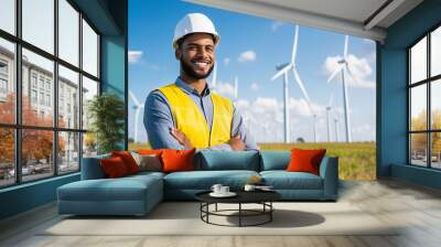 Dedicated renewable energy engineer, standing in a wind farm with turbines in the background, explaining innovations to a diverse team, clean energy, leadership, innovation Wall mural