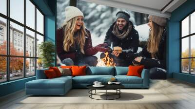 Group of Friends Roasting Marshmallows Over a Campfire, winter, cozy, people, snow, with copy space Wall mural