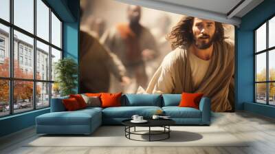 Jesus driving out the money changers from the temple, Life of Jesus, blurred background, with copy space Wall mural