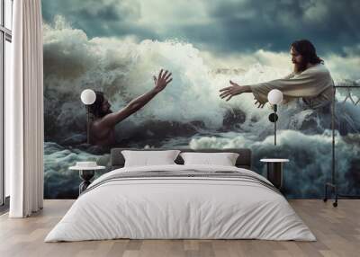 Jesus reaches out to Peter amidst turbulent waves, symbolizing faith overcoming fear, with copy space Wall mural