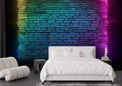 Modern futuristic neon lights on old grunge brick wall background. Watercolor style painting. AI Generated Wall mural