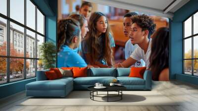 showing a group of teenagers participating in a youth group meeting in a church hall, discussing and sharing their thoughts, church, conference, with copy space Wall mural