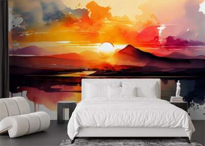 Sunrises, watercolour style generative AI Wall mural