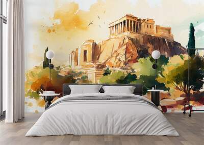 The Acropolis in Athens, Greece, with a watercolor cityscape in the background - popular tourist cities, tourism, watercolor style Generative AI Wall mural