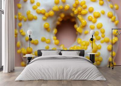 Tasty white donut with yellow round sprinkles. Background, texture. Close up. Macro Wall mural