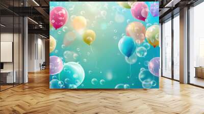 Colorful balloons and bubbles floating against a soft blue background Wall mural