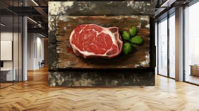 Fresh cut ribeye steak with parsley on a rustic wooden cutting board Wall mural