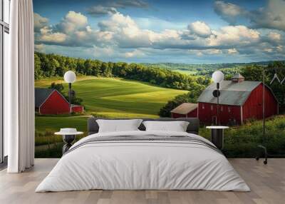 Lush green valley with red barns under a dynamic sky in rural countryside Wall mural