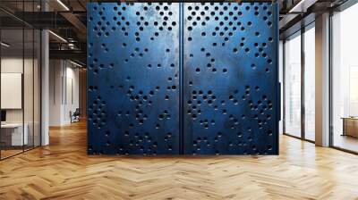 Textured blue metal surface with numerous perforations and a rugged appearance Wall mural