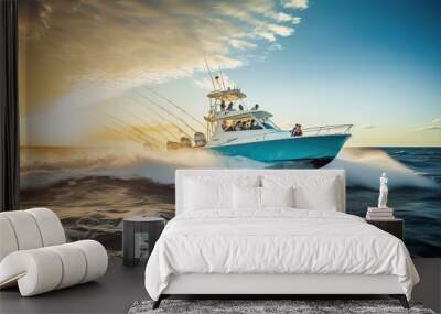 Fishing charter boat glides through the waves, its decks alive with anglers savoring a day at sea, embracing the serenity of maritime exploration. Generated by AI. Wall mural