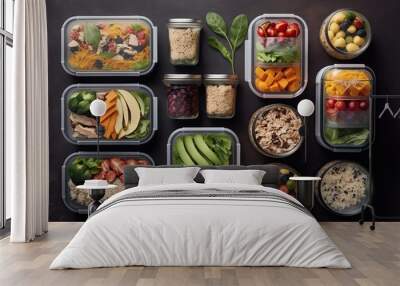 Healthy food served in small containers. Meal prep, portion control, diet, nutrition, fresh, whole foods, healthy eating. Generative of AI Wall mural