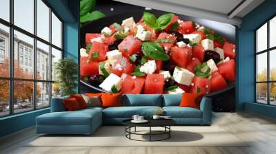 This Greek feta and watermelon salad is a crowd-pleaser, combining juicy watermelon, tangy feta cheese. Generated by AI. Wall mural