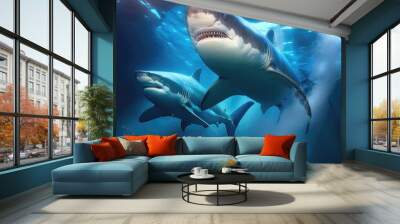 Two sharks underwater. Underwater fauna, exotic and dangerous animals, fish, dark cold tones, wildlife, high resolution, illustrations, art. AI Wall mural