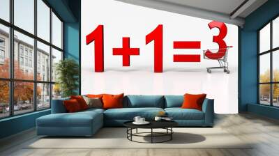 concept of buy two - get on free. big red sign of 1+1=3 in shopp Wall mural