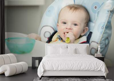 Portrait of adorable 9 months old boy eating in highchair at kit Wall mural