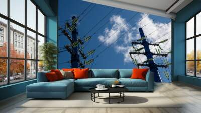 blue truss electric high voltage lines on a blue background Wall mural