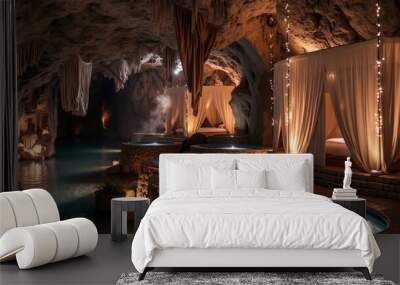 A cave with two beds and a pool in the middle of it Wall mural