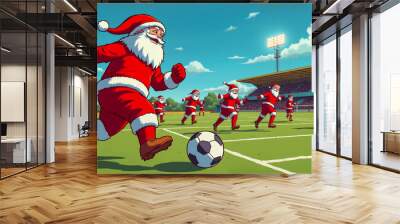 A group of santa claus playing soccer on a field Wall mural