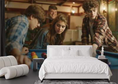 A group of young people playing pool in a bar Wall mural