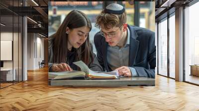 A man and a woman sitting at a table looking at a book Wall mural