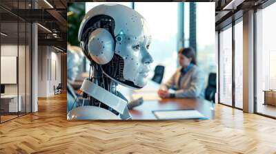 A robot sitting at a table in front of a group of people Wall mural