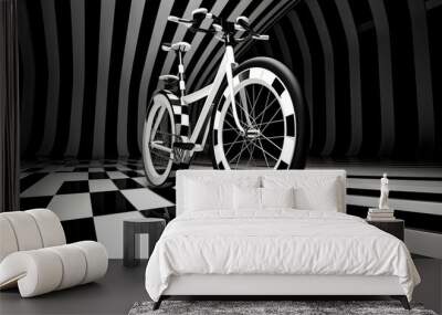 Black and white photo of bicycle on checkerboard floor. Wall mural