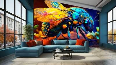 Close up of blue and yellow insect. Fantasy. Generative AI. Wall mural