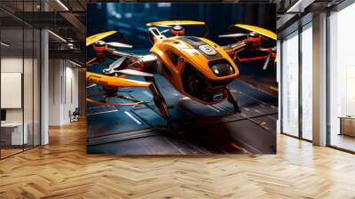 Close up of yellow and black remote controlled flying vehicle on surface. Wall mural