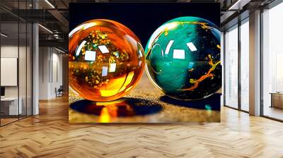 Couple of marble balls sitting on top of wooden table next to each other. Wall mural