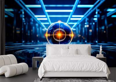 Futuristic sci - fi .Close up of glass object with neon circle on top of it. Wall mural