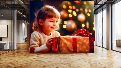 Little girl opening gift box with christmas tree in the background. Wall mural