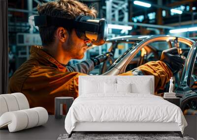 Man in orange jacket working on car with pair of virtual glasses on his head. Wall mural