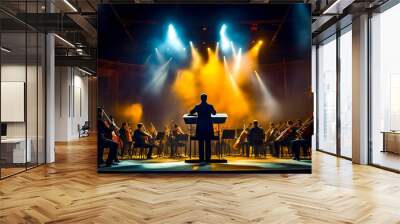 Man standing in front of keyboard on stage with orchestra behind him. Wall mural