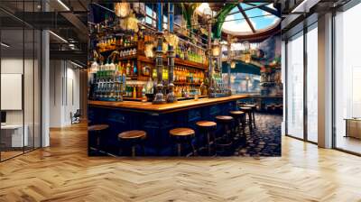 Painting of bar with lots of bottles on the shelves and stools. Wall mural