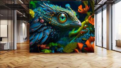 Painting of blue bird with green eyes. Fantasy. Generative AI. Wall mural