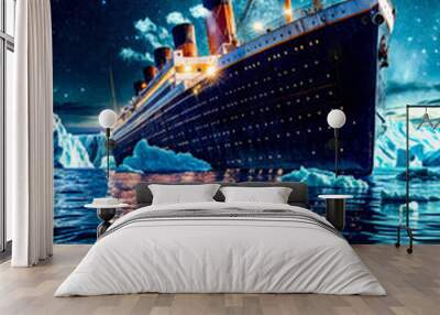 Painting of cruise ship in the ocean surrounded by icebergs. Wall mural