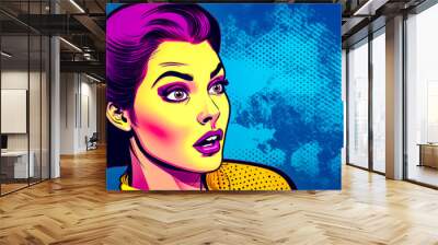 Painting of woman with surprised look on her face, in pop art style. Generative AI. Wall mural