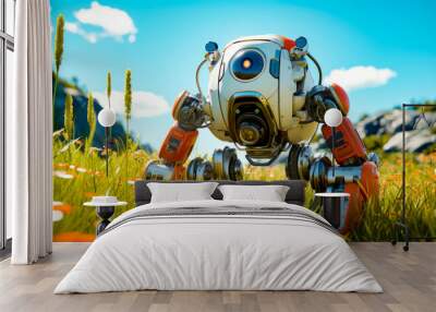 Robot in field of grass with daisies in the foreground. Wall mural