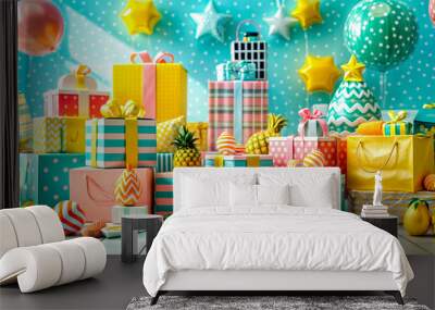 Room filled with lots of colorful boxes and wrapped presents on top of wooden floor. Wall mural