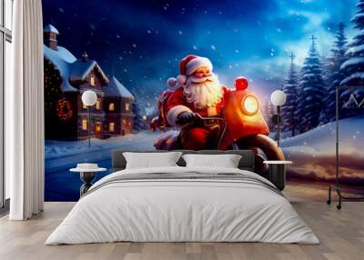 Santa clause riding motorcycle down snowy road in front of house. Wall mural