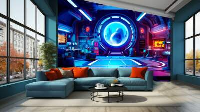 Sci - fi space station with view of the planets. . Wall mural