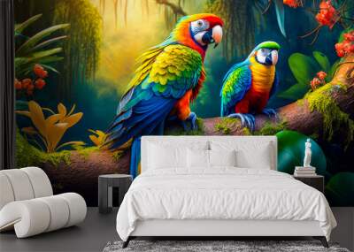 Two colorful parrots sitting on branch in the jungle. Generative AI. Wall mural