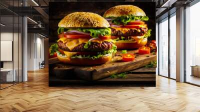 Two hamburgers with cheese and tomatoes on wooden cutting board. Generative AI. Wall mural