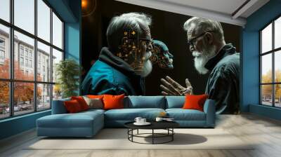 Two men in a dark room with a face mask on their heads Wall mural