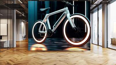 White bicycle with glowing spokes on it's front wheel. Wall mural