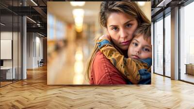 Woman holding child in her arms in the hallway of building. Wall mural