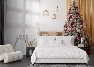 Christmas living room interior with a big Christmas tree Wall mural