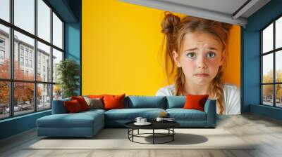 portrait of a cute little girl on a yellow background in the studio, space for text Wall mural