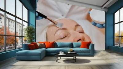 a beautician with hands in blue gloves applies a transparent gel mask to the face of a European woman in the forehead with a white and black brush Wall mural